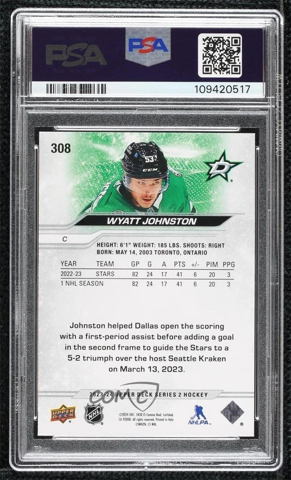 2023 Upper Deck Series 2 Speckled Rainbow Foil Wyatt Johnston #308 PSA 10 GEM MT - Image 2 of 2