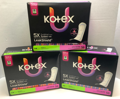 Kotex Ultra Thin Pads w/Leak Shield, Heavy Absorbency, 56 Count, Lot of 3