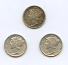 Mercury dime lot of 3, 1938-P, 1939-P, 1940-P, 90% Silver Coins