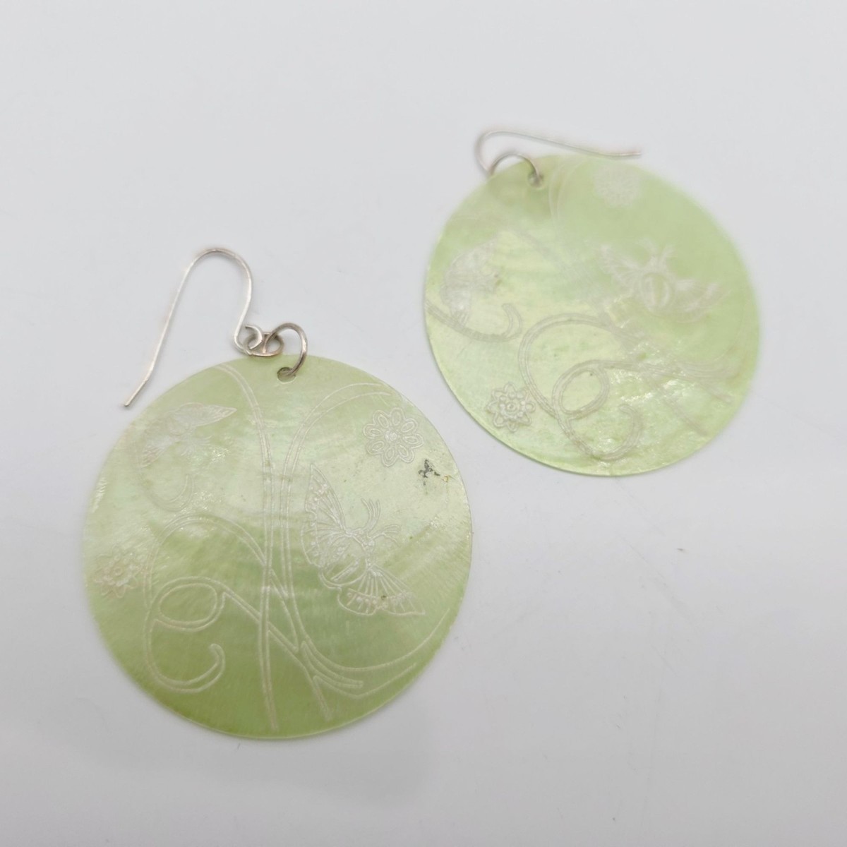 Round Green Shell Earrings With Butterfly & Floral Engraving Design 2.5" View 5