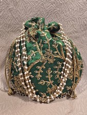 Handmade POTLI BATWA Gift Pouch Bag Traditional India Sari Purse Clutch Green