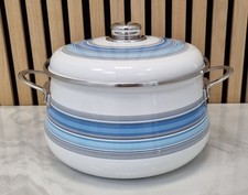Vintage Baumann Emaille Kochtopf West Germany Blau Gestreift 22cm Deckel Retro