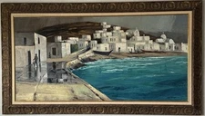 RALPH HULETT VINTAGE MID CENTURY MODERN OCEAN LANDSCAPE OIL PAINTING OLD CUBISM