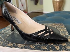 Jimmy Choo Black Snake Skin Patent Leather Pump Criss Cross Toe Size 37 EU/7 US