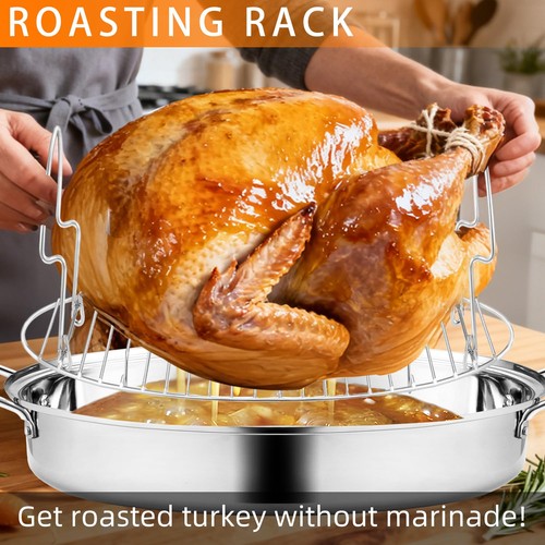 Qpmr 22 Stainless Steel Roasting Pan Lid And Rack25Lb Capacitylarge Roaster Pan - Picture 5 of 7
