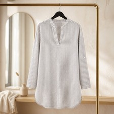 Tahari L Gray White Striped 100% Linen Long Shirt or Mini Dress Large Nautical