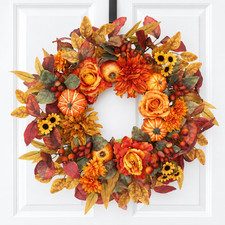 24 Inch Fall Wreaths for Front Door Autumn Wreath with Dahlias, Pumpkins