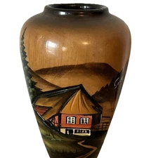 Handarbeit Black Forest German Hand Carved Painted 3D Wood Vase Vintage 4.5"