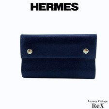 HERMES Roll Notebook Cover Navy Leather Button Closure 13cm 8cm 1.5cm Pre-owned