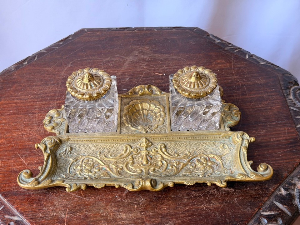 Antique brass Rococo double inkwell stand with glass pen tray — a jaw-dropping Victorian writing set that's equal parts art object and desk tool.