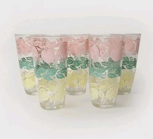 Vtg Hazel Atlas Glasses Lot Of 5 Pastel Rainbow Fruit Cottagecore Yellow Pink