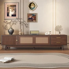 Rattan TV Stand for 80" TVs, Media Console w/Rattan Sliding Doors and 2 Drawers