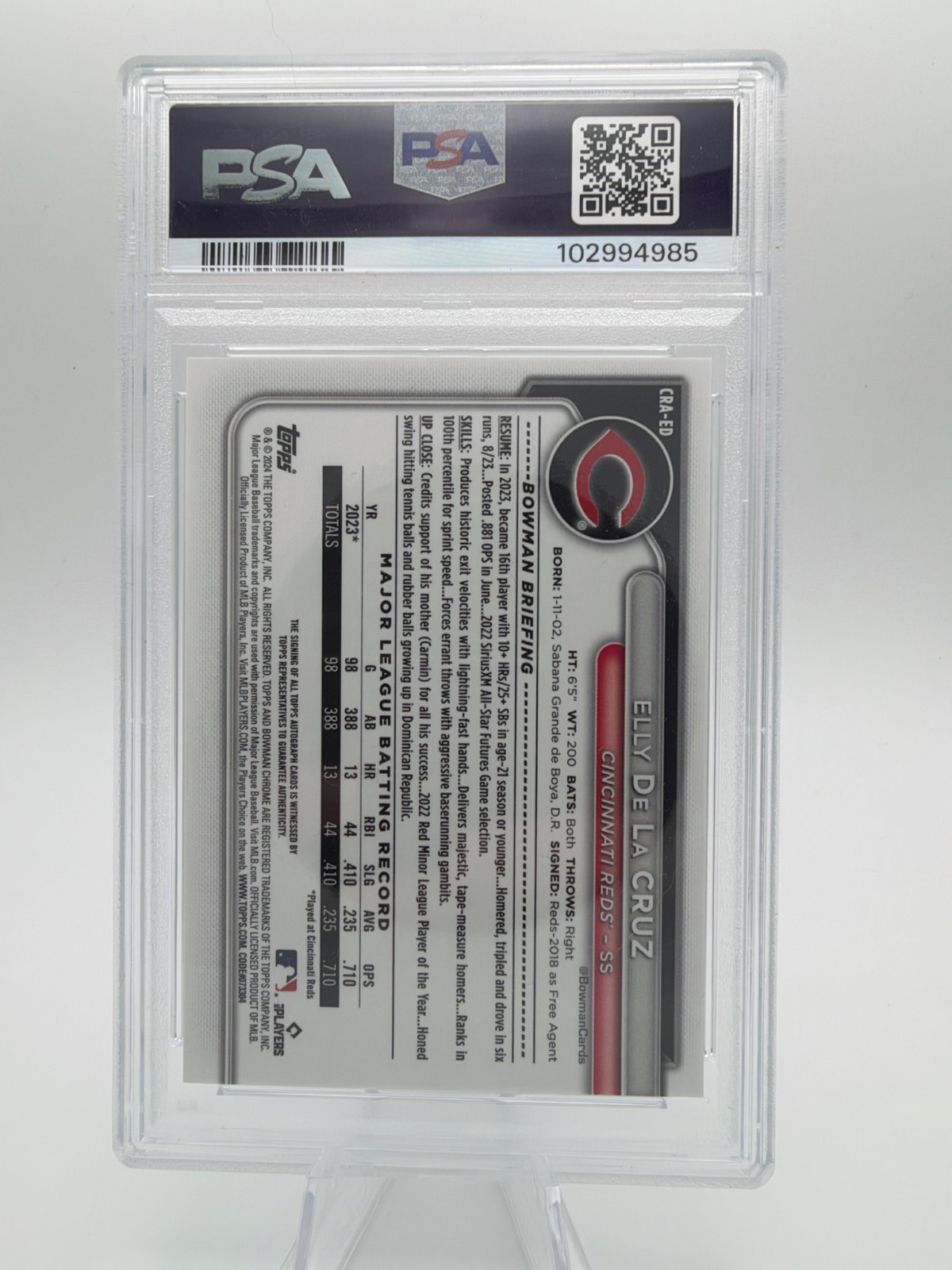 2024 Bowman Elly De La Cruz Chrome Auto RC #CRA-ED Reds PSA 10 GEM MINT Rookie view 2