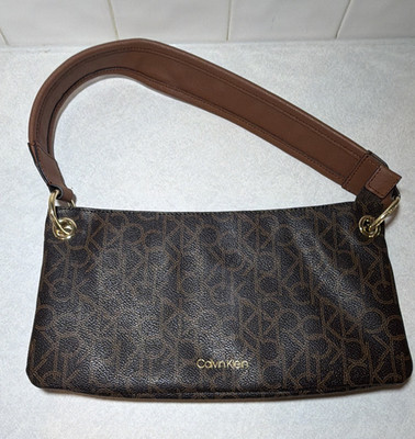 Calvin Klein Brown CK Monogram Shoulder Bag Gold Hardware Zip Top Inner Pockets