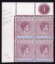 BAHAMAS 1938-52 KGVI DEFINITIVE 5/- CORNER PLATE 1 BLOCK OF FOUR VFUM. SG 156b.