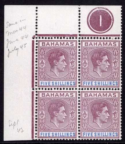 BAHAMAS 1938-52 KGVI DEFINITIVE 5/- CORNER PLATE 1 BLOCK OF FOUR VFUM. SG 156b.