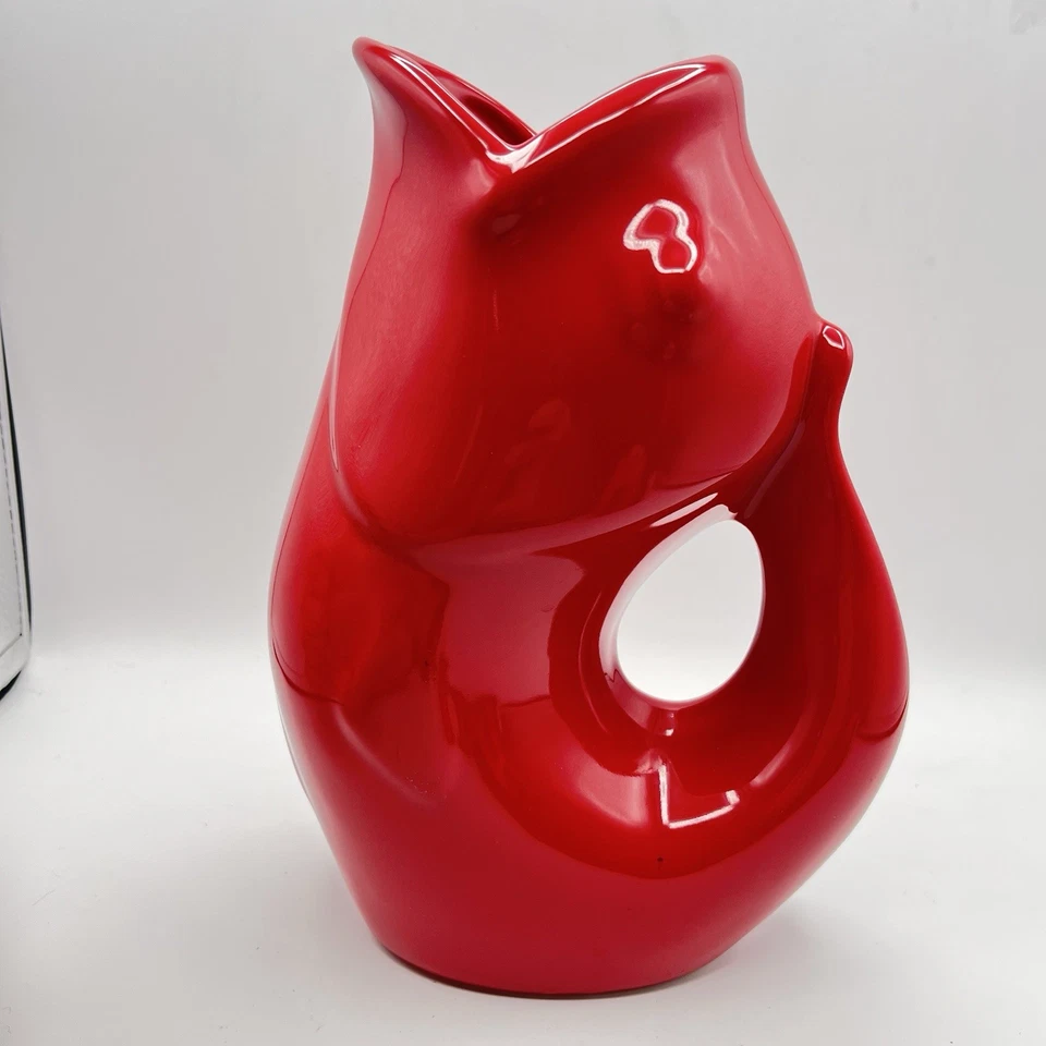 Original Gurgle Pot Fish Pitcher 2006 Stoneware 9" Red - Image 2 of 4