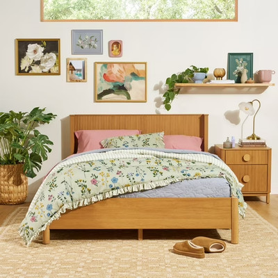 Wrap Me Up Fluted Queen Bed by Drew Barrymore, Warm Honey Finish