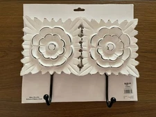 New Decorative Wall Mounted Floral Hooks, White Distressed Wood 2 Hooks 10”x7”x2