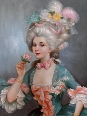 Rococo Style Handmade Portrait of An Elegant Lady with Roses Painting on Canvas