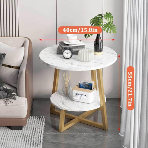 Round Side Table 2 Tier White Nightstand Coffee Sofa End Table Marble Design - Picture 6 of 12