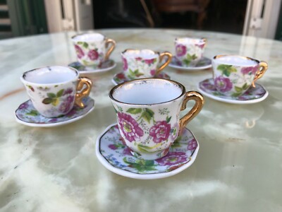 REFINED MINI SERVICE LIMOGES LIMONGES ROSE LINE GOLD CUPS & SAUCERS 24K