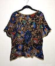 Vintage Oleg Cassini Blouse Women's Large Multicolor Floral Embellished V-Back
