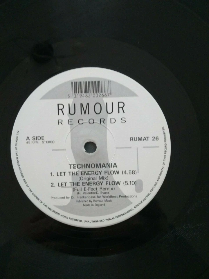 Technomania 12" EP 45 RPM Rumour Records 1990 Original Press EX condition, photo 4 of 5