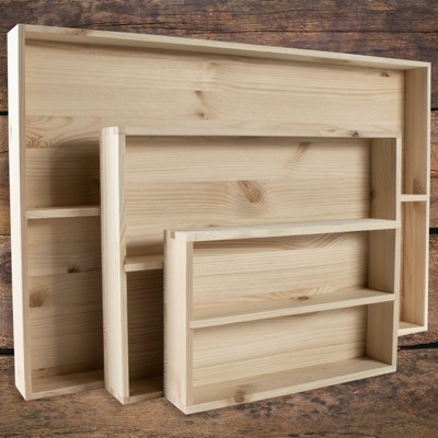 Set of 3 Shallow Wooden Display Shelving Unit 2 Tier Plain Pine ...