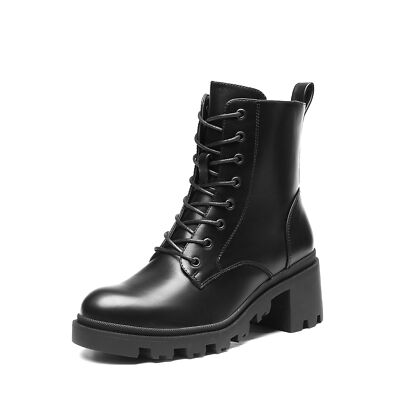 Women Lace Up Combat Ankle Booties Low Chunky Block Heel Side