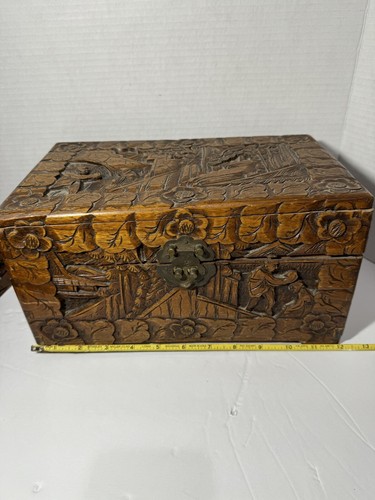 Antique Chinese Camphor Wood Chest Box Set Of 3 Deep Carved Lid Nesting Dovetail - Picture 10 of 21
