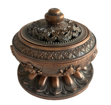 Metal Copper Pot Incense Burner Pedestal Ornate Open Scroll Lid Pot Asian Zen