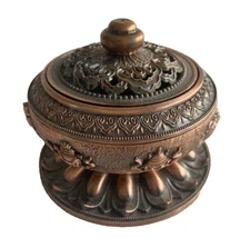 Metal Copper Pot Incense Burner Pedestal Ornate Open Scroll Lid Pot Asian Zen