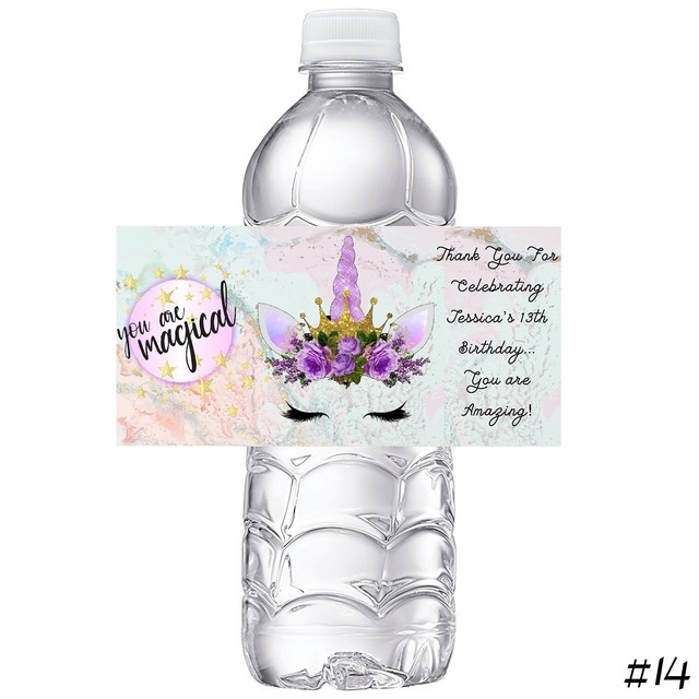 20 shabby unicorn custom birthday party favors water bottle labels