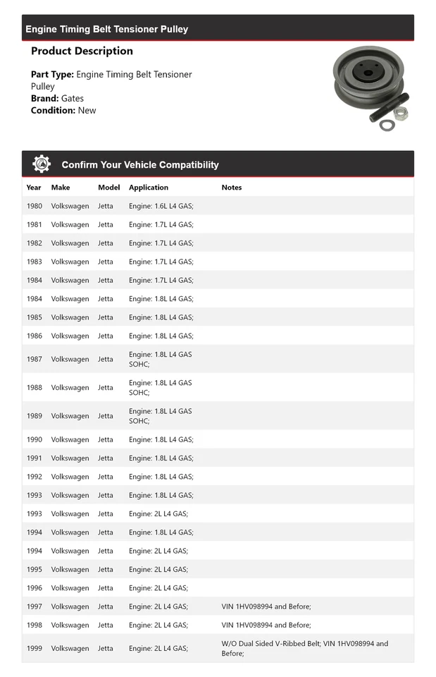Para Volkswagen Jetta 1980-1999 Motor Correa de distribución Tensor Polea Puertas 1981 Foto 2 de 4