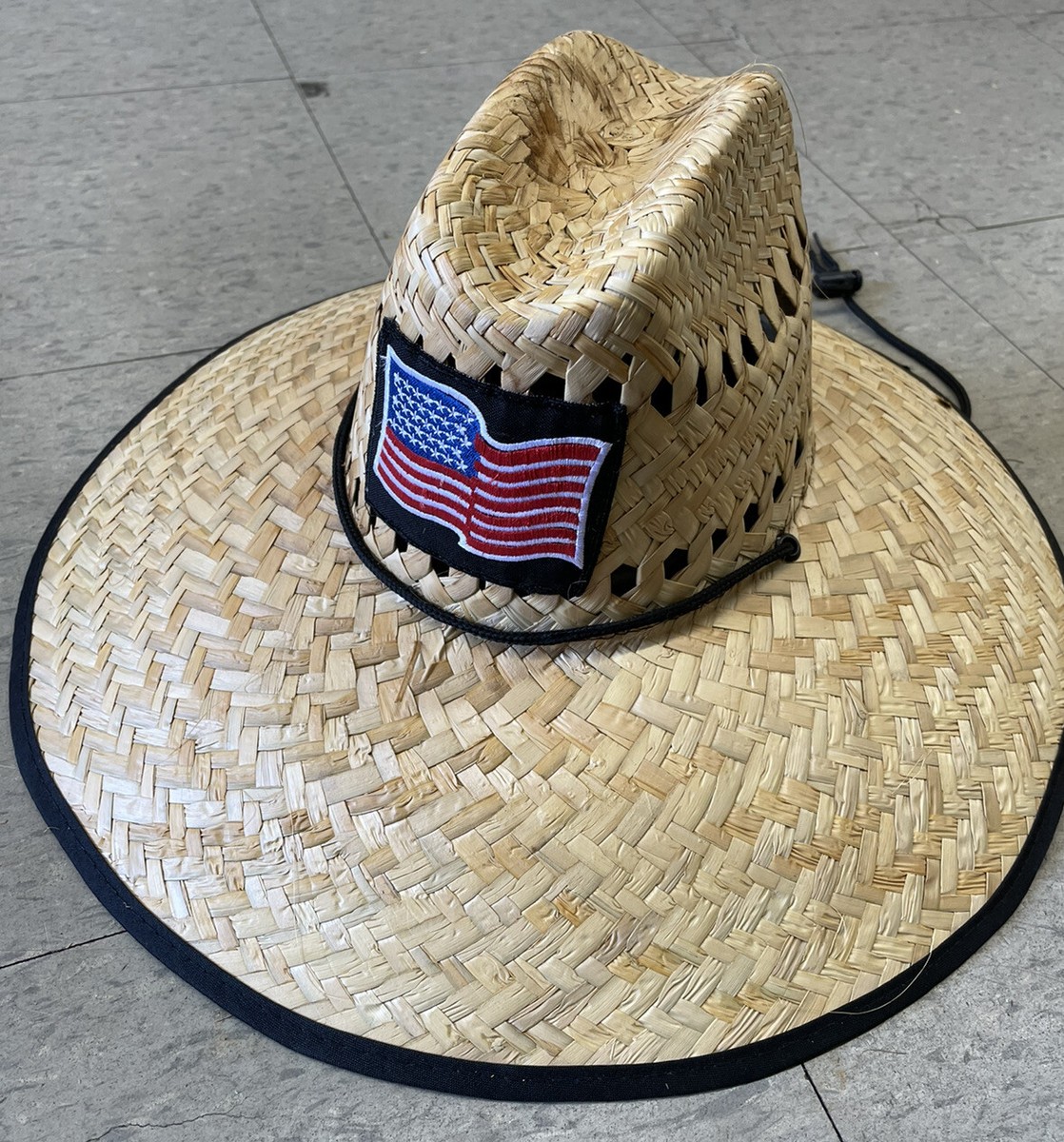 USA FLAG Large Natural Straw Hat Lifeguard Beach Gardening Summer