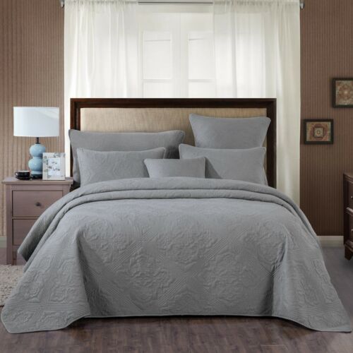 DaDa Bedding Floral StoneWash Grey Soft Matelassé Diamond Bedspread Blanket Set - Picture 8 of 12