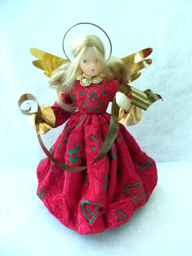 Vtg Wax Angel Head & Hands Red Dress Christmas Tree Topper!  8" TALL!  SPREEN!
