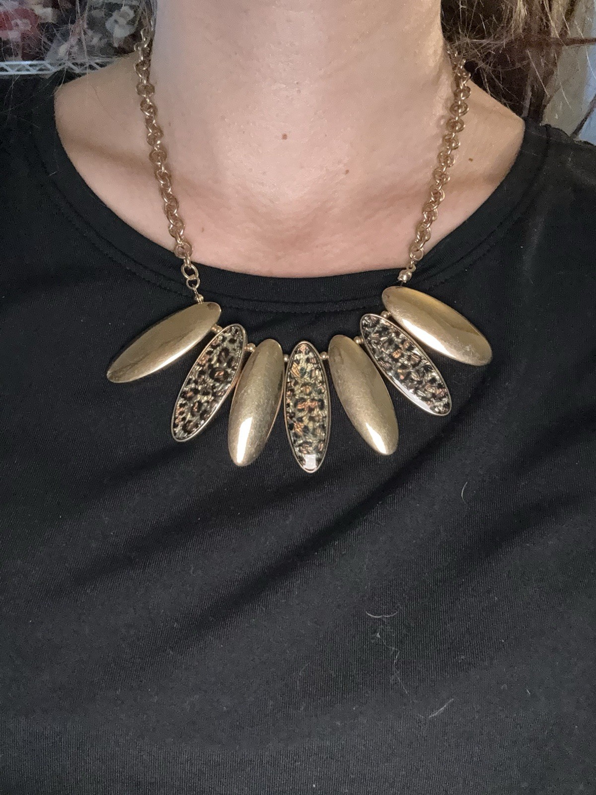 Gold Tone Statement Necklace Leopard Acrylic Pane… - image 6