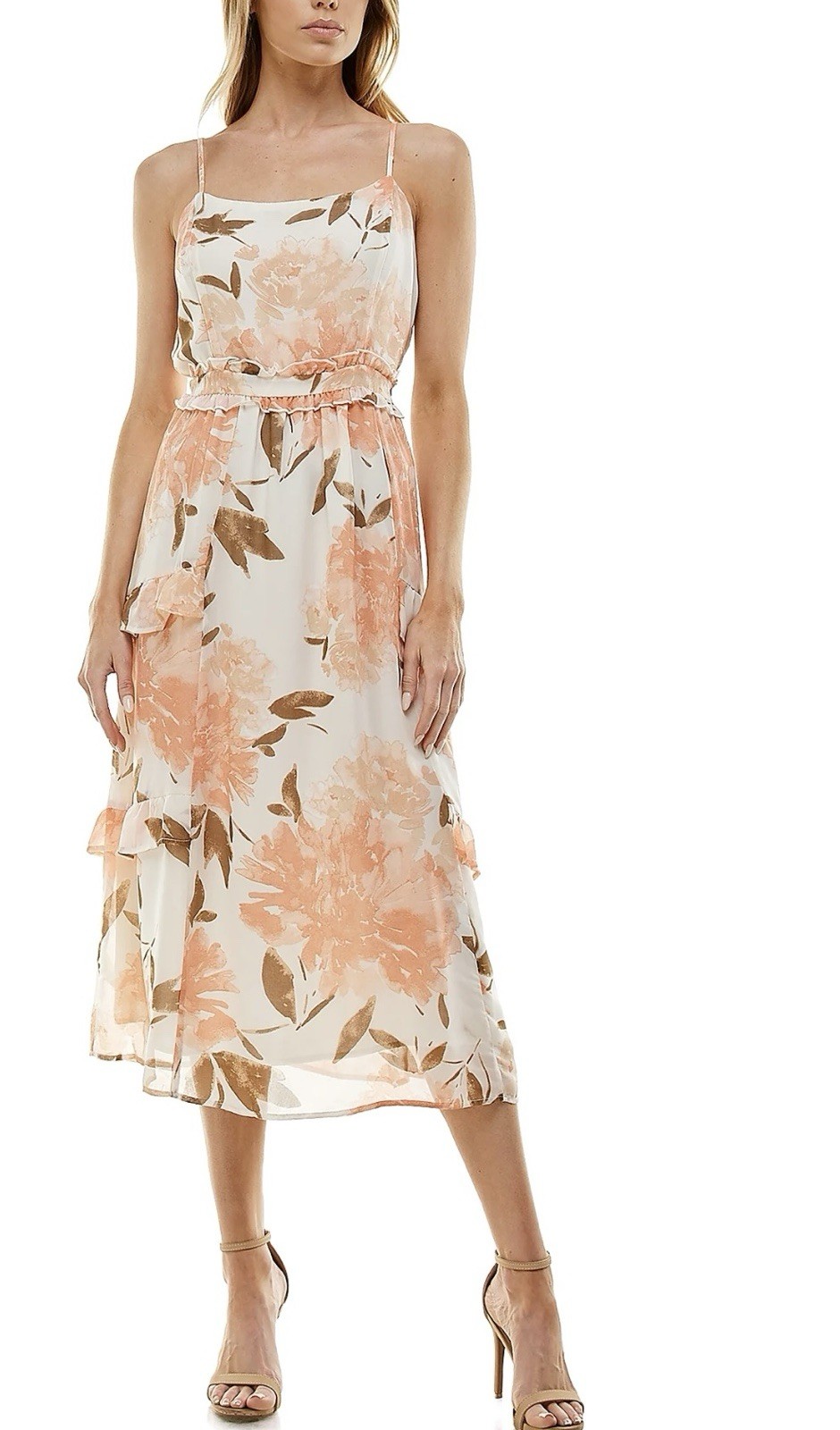 June & Hudson Floral Midi Dress Women’s Size M Spaghetti Strap Ruffle