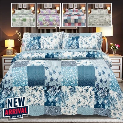 3 PCS Quilted Patchwork Bedspread Bed Throw Single Double King Size Bedding Set - Image 1 of 4
