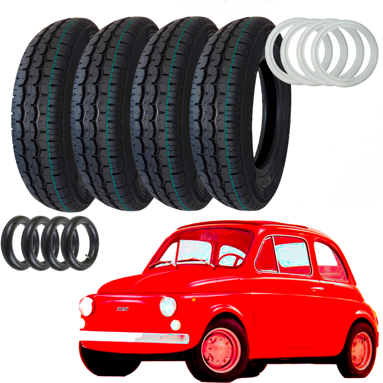 4 X Pneumatici 125 R12 62S M+S FIAT 500 + 4 CAMERE D'ARIA + 4 FASCE BIANCHE