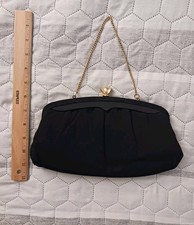 1950 Early 60s Vintage Black And Gold Clutch Purses , Gold Brutalist Leaf Clasp