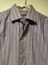 Robert Graham Dobby Stripe Cotton Shirt Flower French Cuff Large