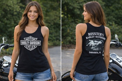 #ad Harley Davidson Womens Black Tank Top Rossiter’s Sarasota FL Biker Graphic Sz M $16.99