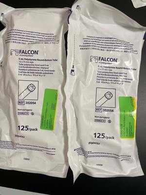 (250/Pk) CORNING FALCON 5mL Round Bottom PS Test Tubes w/Snap Cap 12x75mm 352054