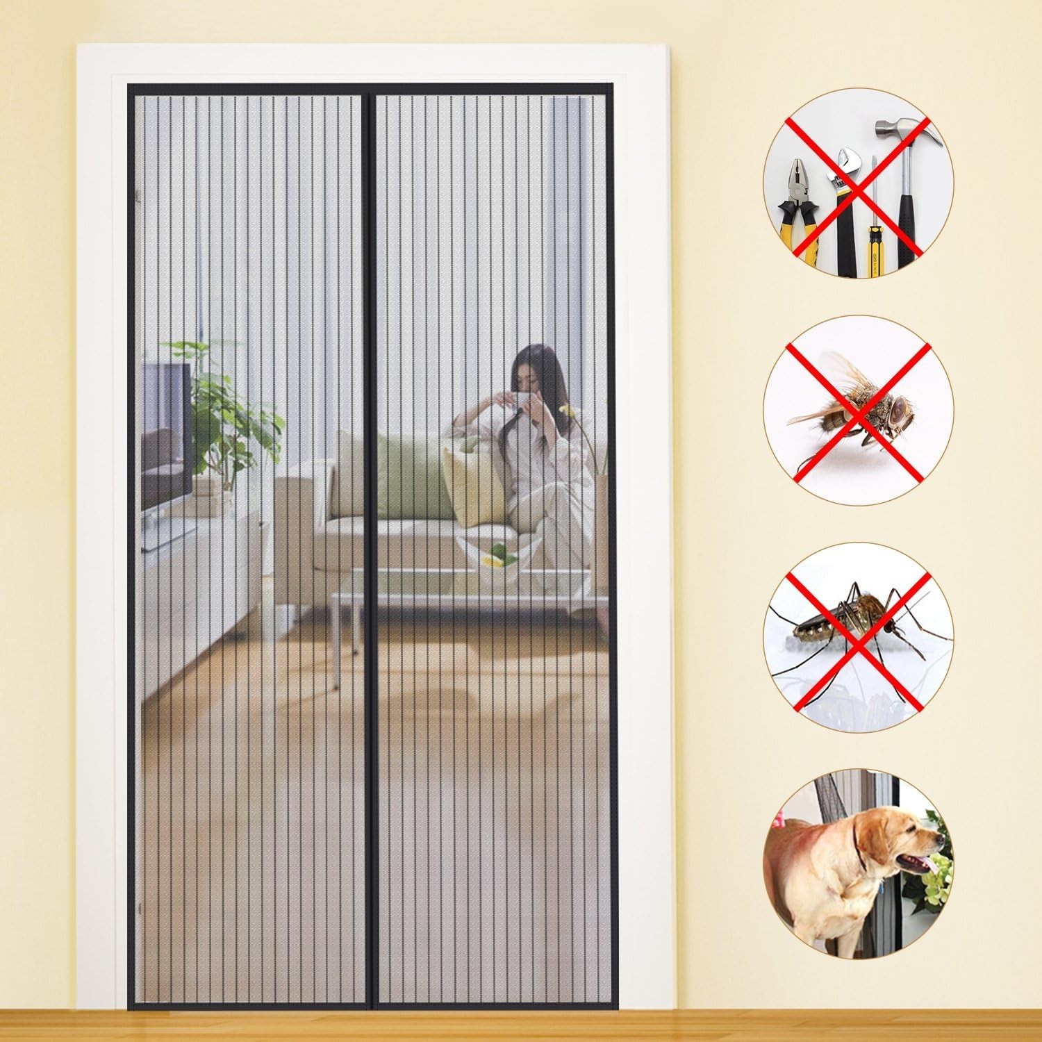 Moustiquaire magnétique de porte pour stopper les mouches avec fermeture automatique noir