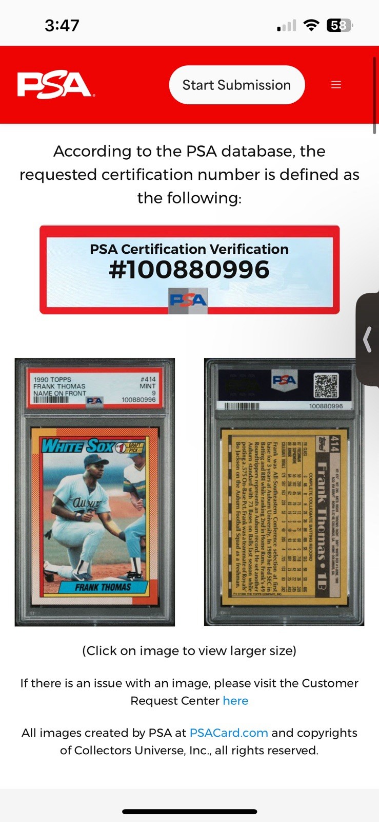 FRANK THOMAS RC 1990 Topps #414 Rookie HOF MLB Chicago White Sox PSA 9 MINT view 3