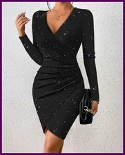 Elegant Black V-Neck Long Sleeve Mini Dress with Glitter Detail - Stretchy