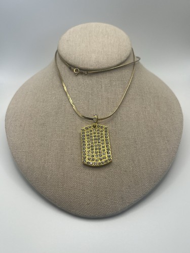 Gold Tone And Rhinestone Dog Tag Pendant And Gold Tone Chain